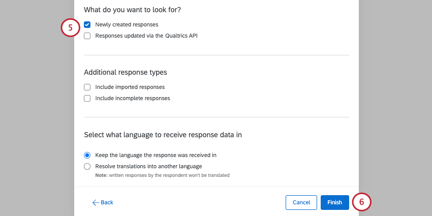 A new window where you configure survey response events
