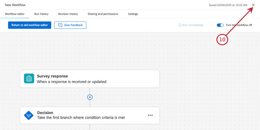 X in the upper-right corner of the workflow building screen is indicated