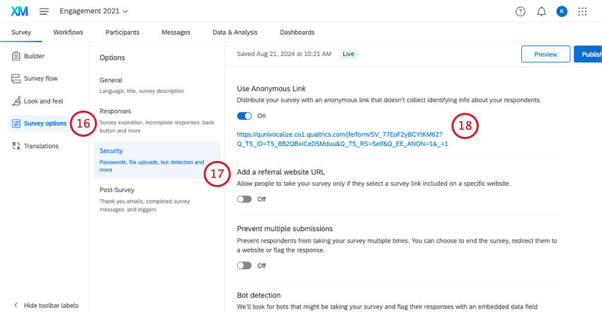 in survey options, in security section, anonymous link is enabled, making a URL appear