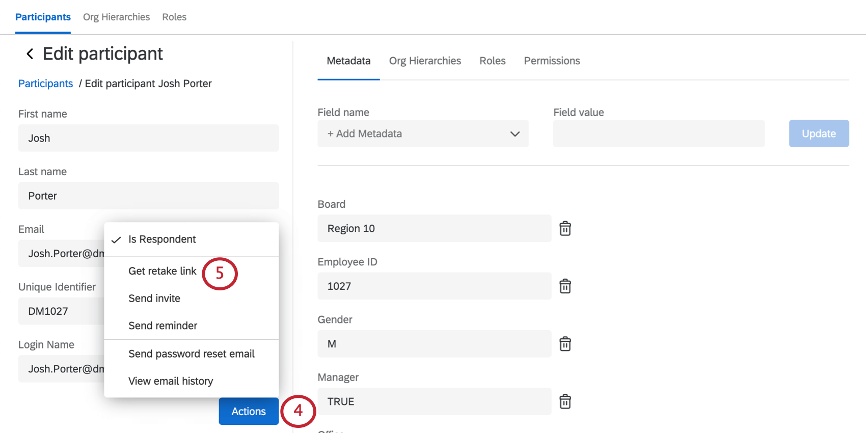 The Participation Information window is open with the Actions dropdown expanded