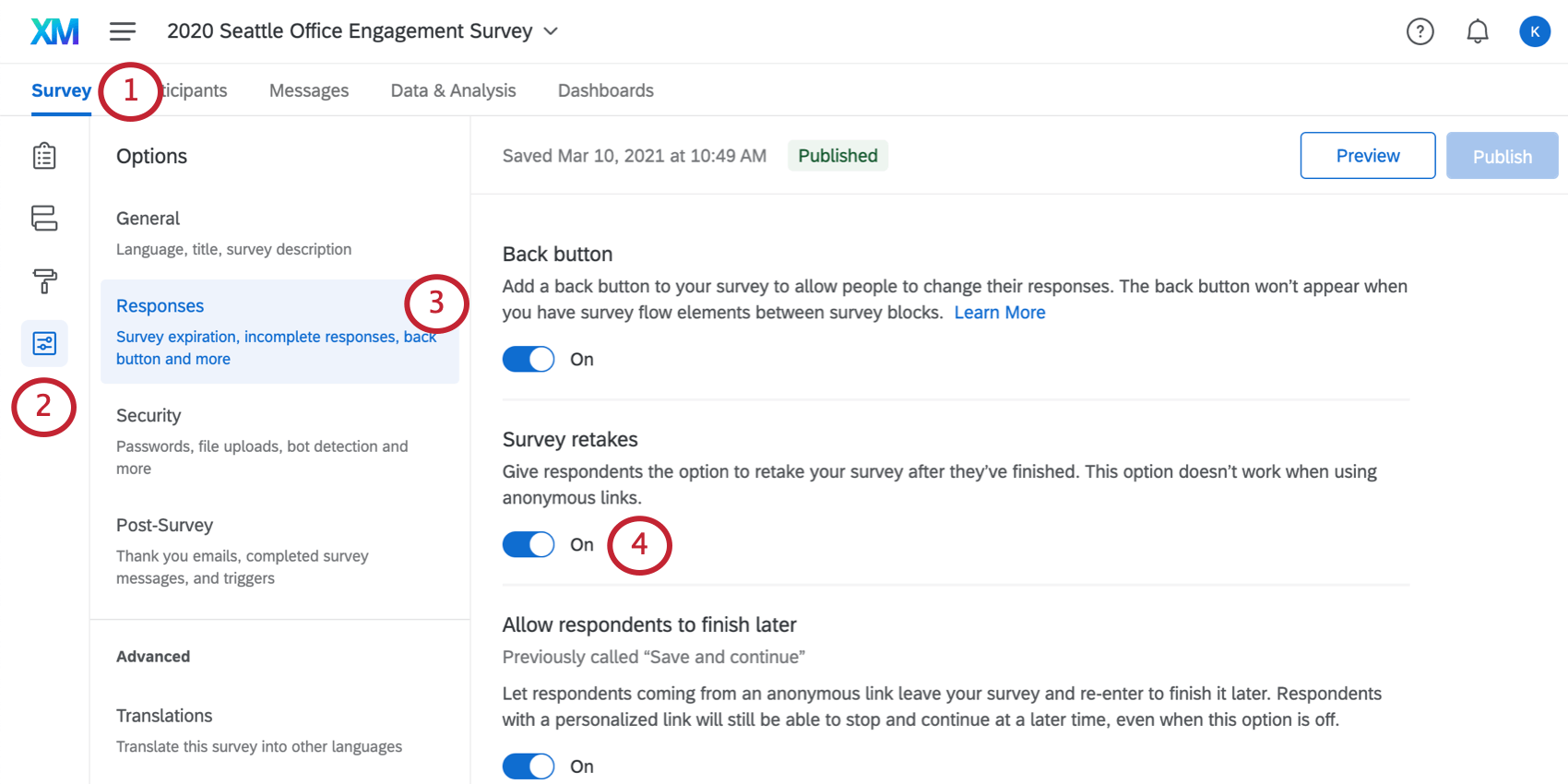 Image of survey options opened with survey retake enabled