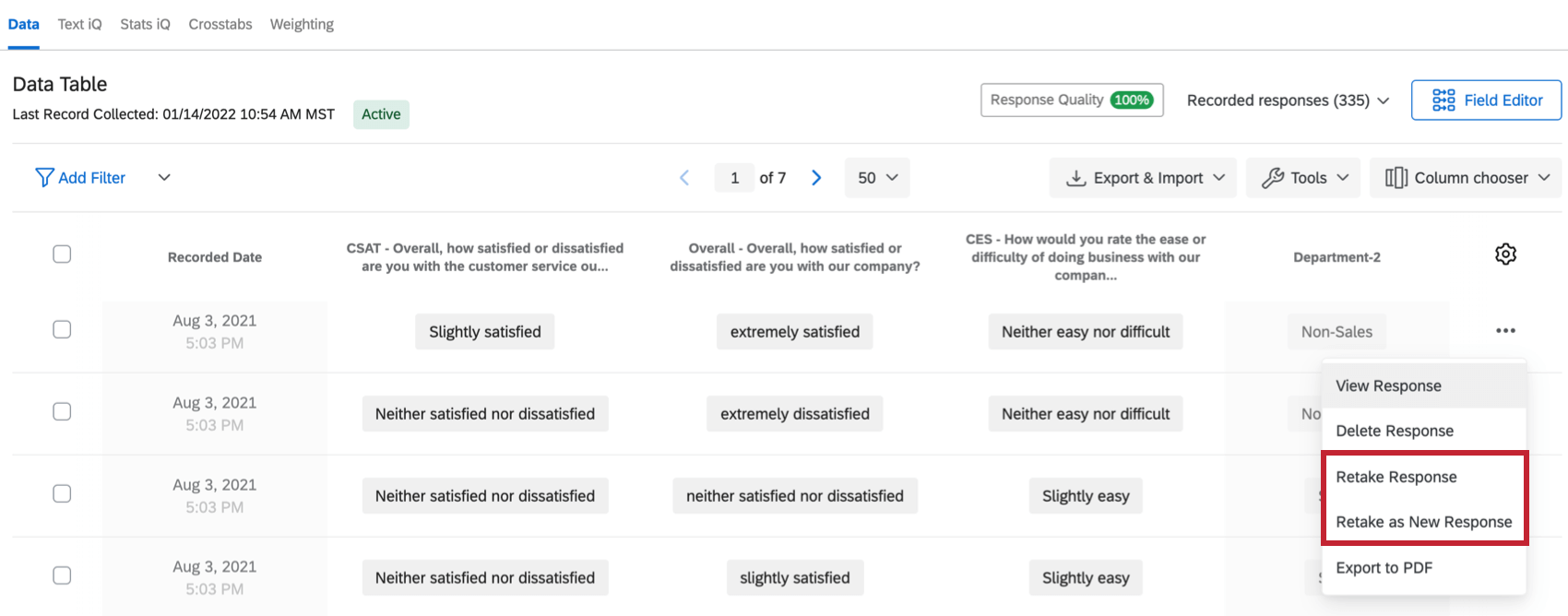 the retake response and retake as new response options in the actions dropdown for a response in data and analysis