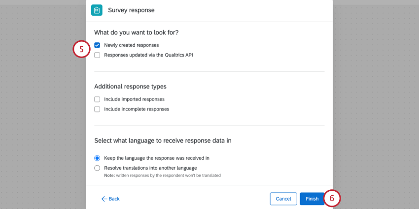 choosing newly created responses and clicking finish