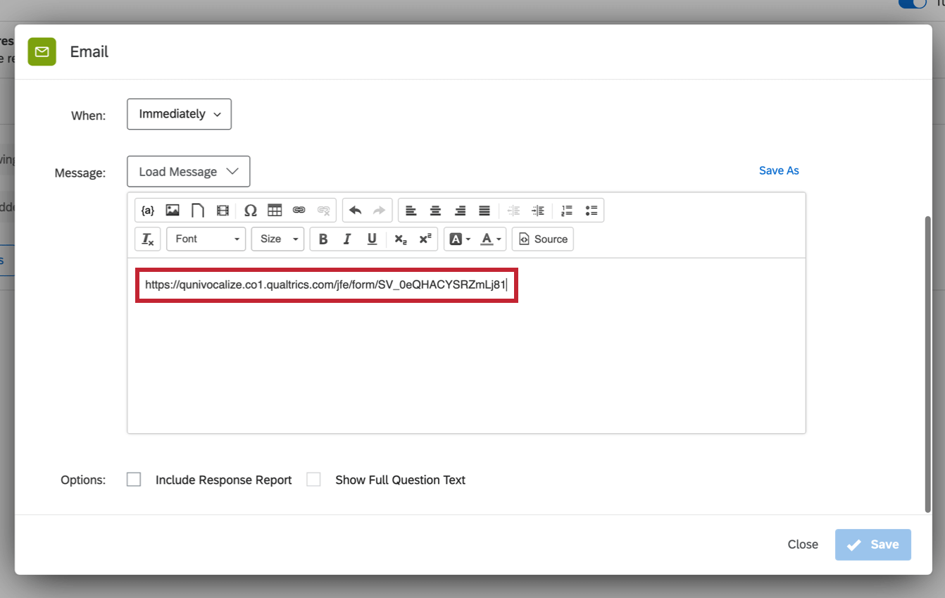 Mostra o link de retomada no corpo do e-mail.