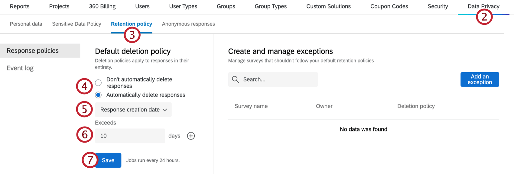 accessing data retention policy tab within admin tab