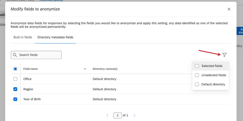 Filter button expanded to show options described