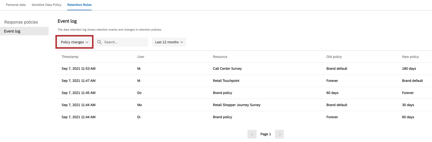 modifiche ai criteri nel registro eventi