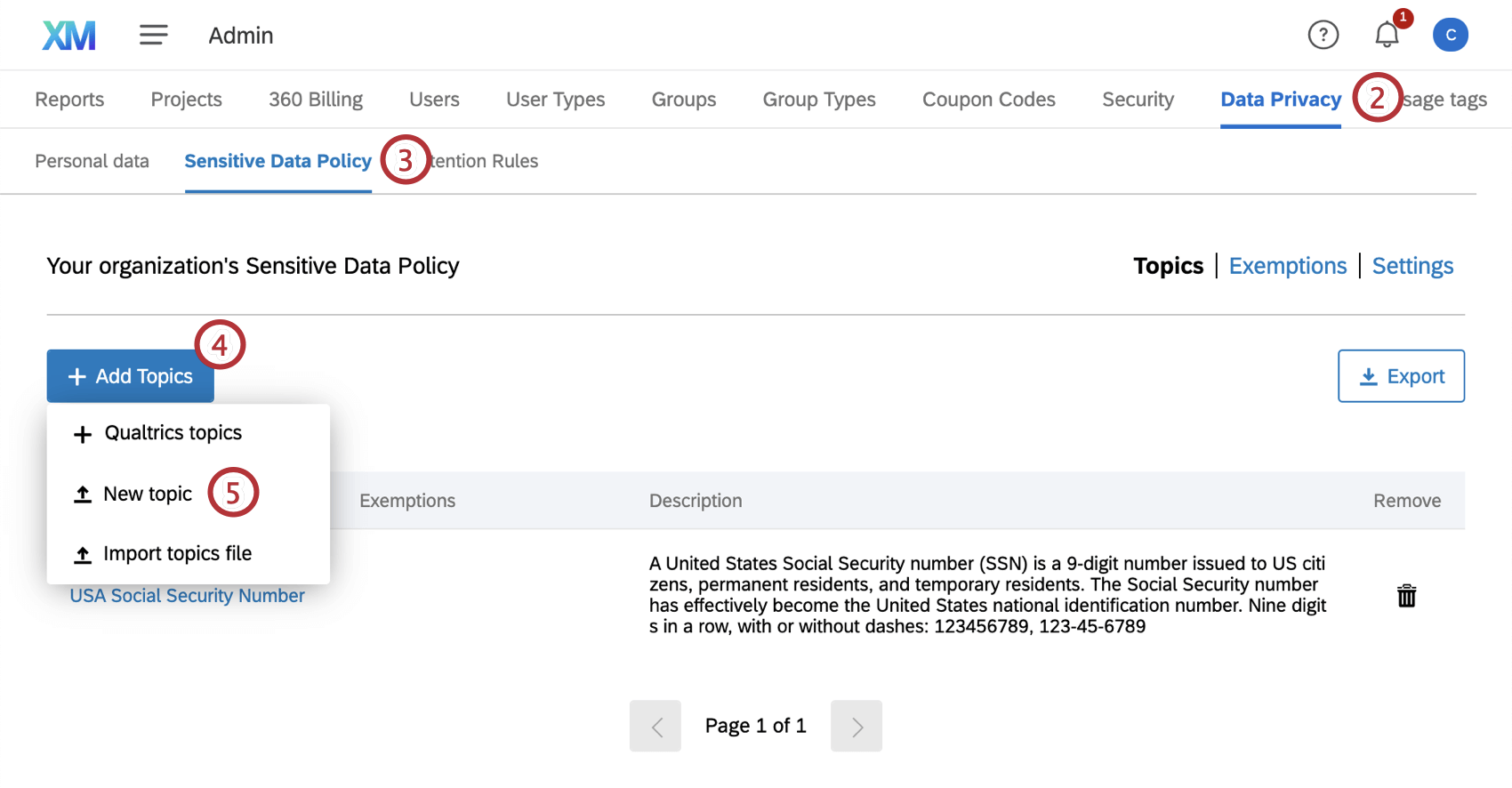 Image of the sensitive data topics page witht he button clicked and 3 options appearing