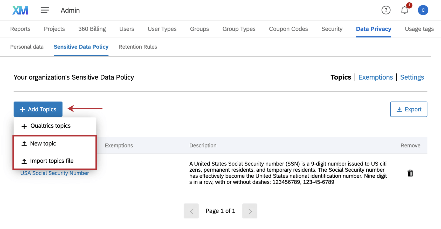 image of the add topics button. The New topic and import topics file options are highlighted