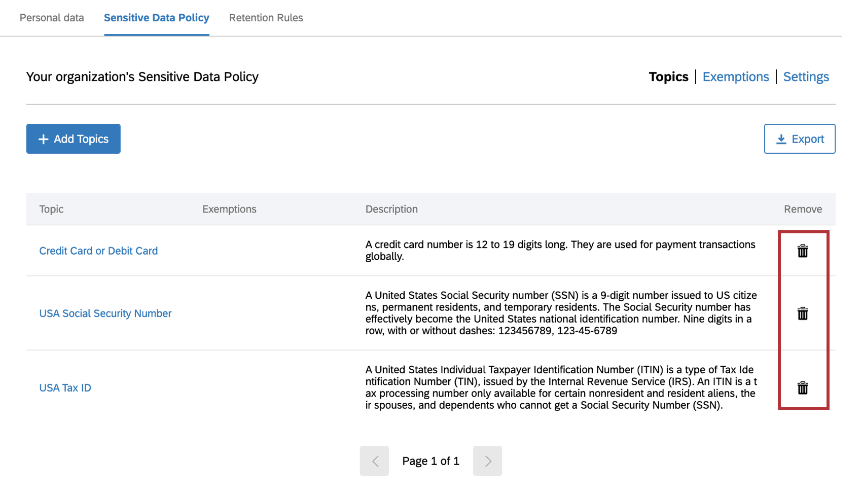 imagem do ícone da lixeira na coluna de remoção ao gerenciar os tópicos na política de dados confidenciais da marca
