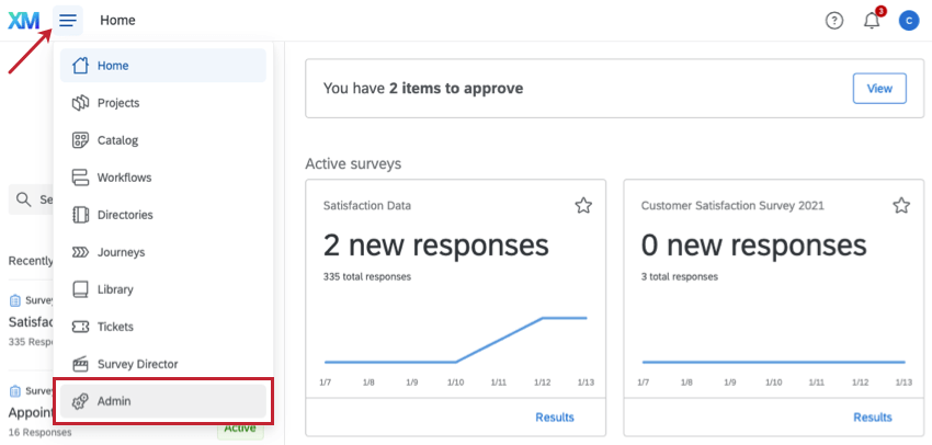 accessing admin tab from global navigation menu