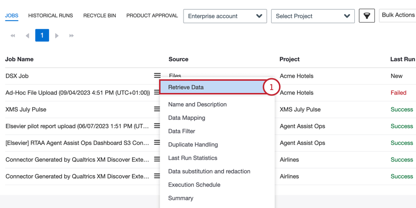 selecting retrieve data from the job options menu
