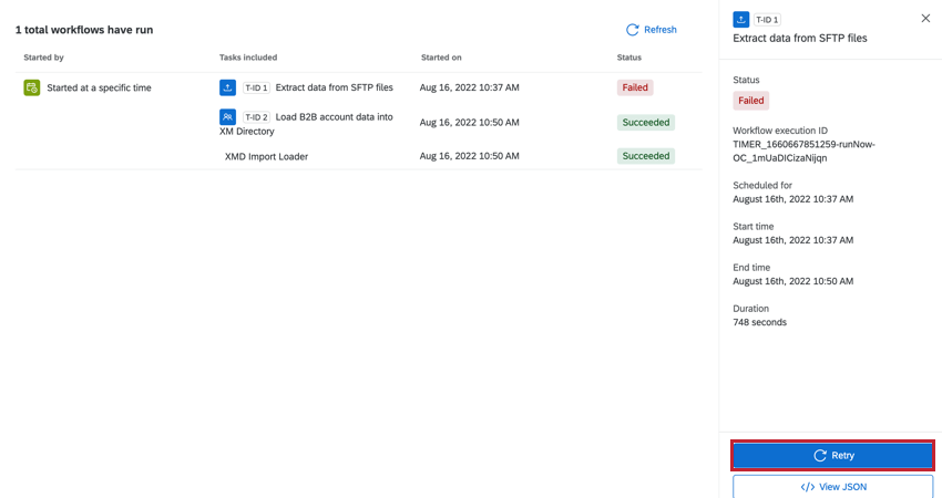 ワークフロー タスクの表示時に Retry ボタンを押す