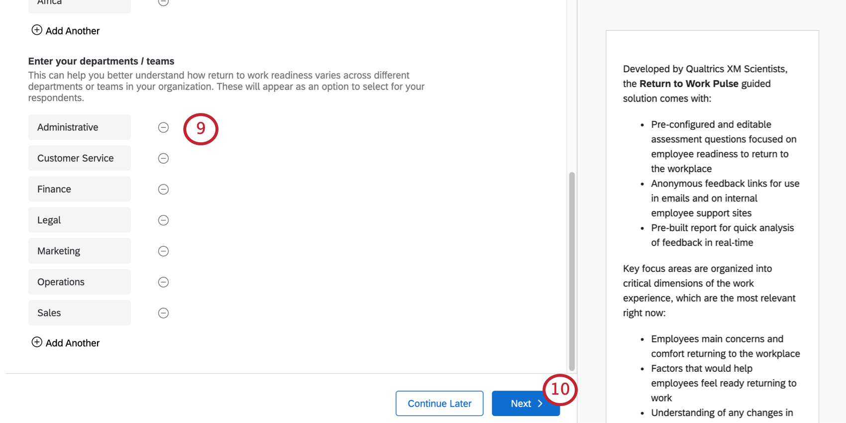 Série de campos de texto abertos listando nomes de departamentos. Abaixo disso, um botão chamado add below (adicionar abaixo). No canto inferior direito, quando não for mais possível rolar a tela, o botão azul avançar )