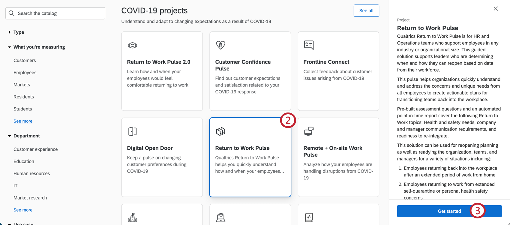Image of catalog, selecting the described project, seeing a sidebar open on the right describing it, ending with a button to get started creating it