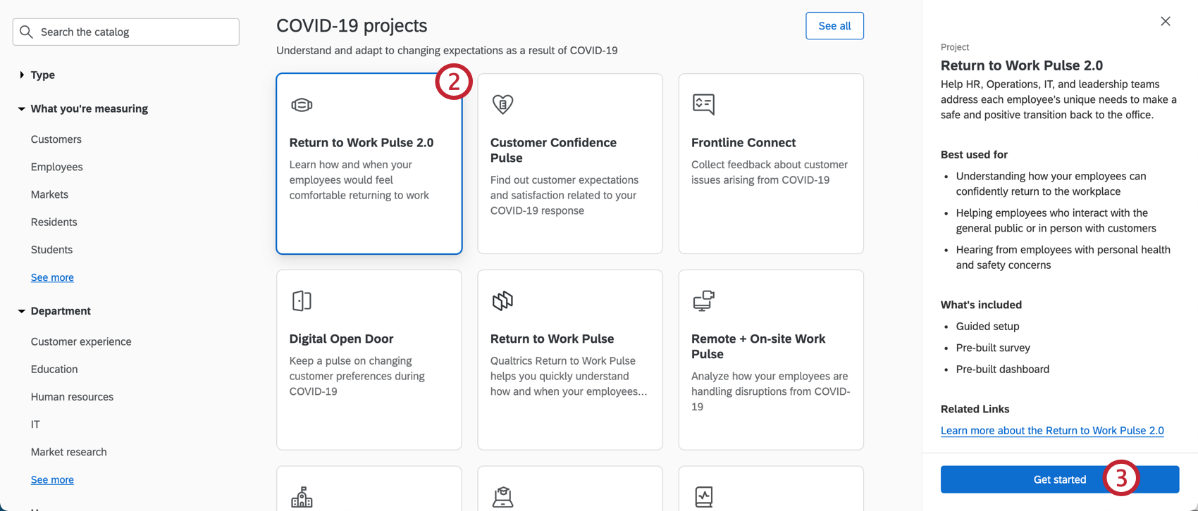 Immagine del catalogo, selezione del progetto descritto, apertura di una barra laterale a destra che lo descrive e pulsante per iniziare a crearlo