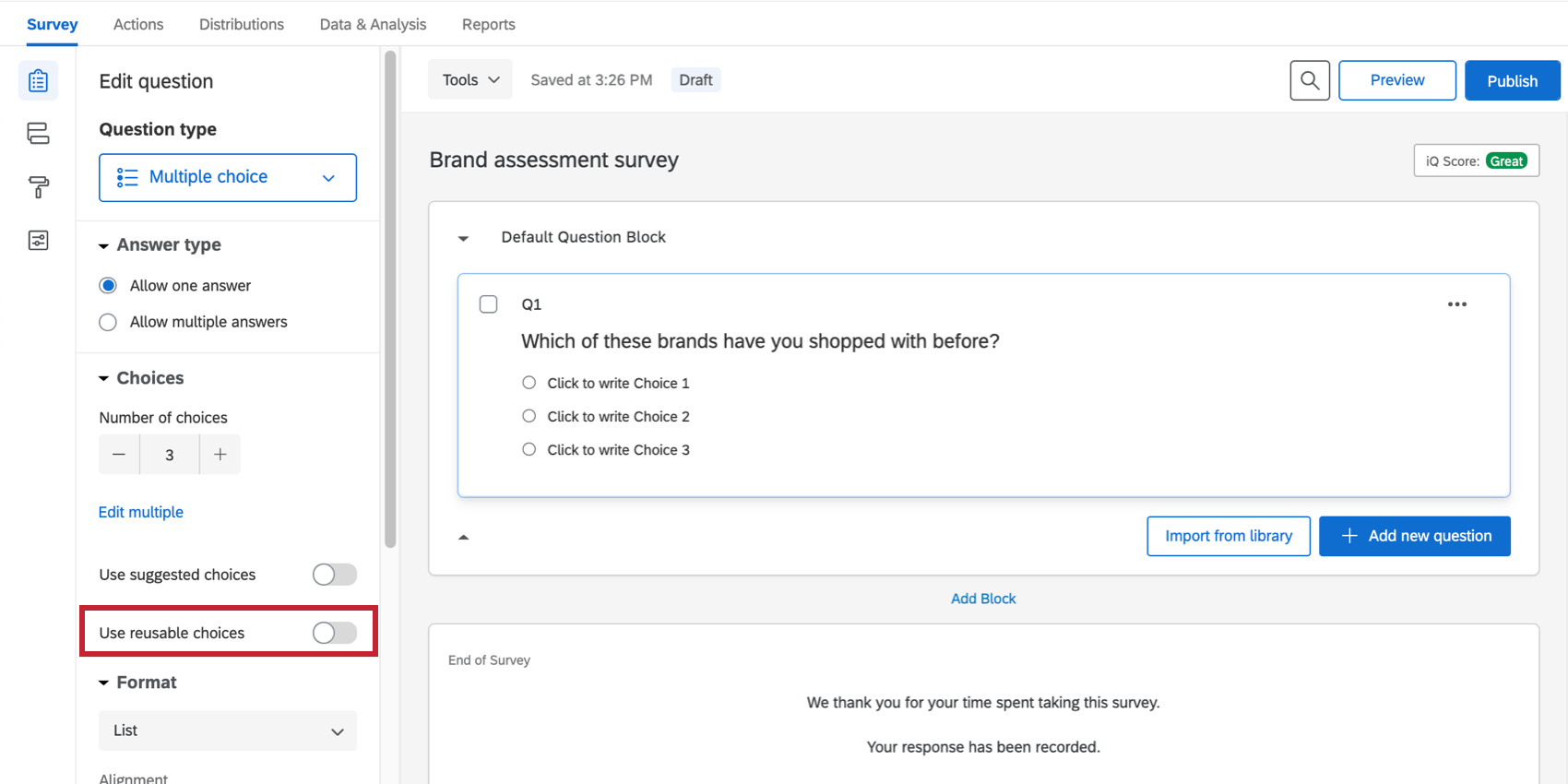 The Use Reusable Choices option on the question editing pane