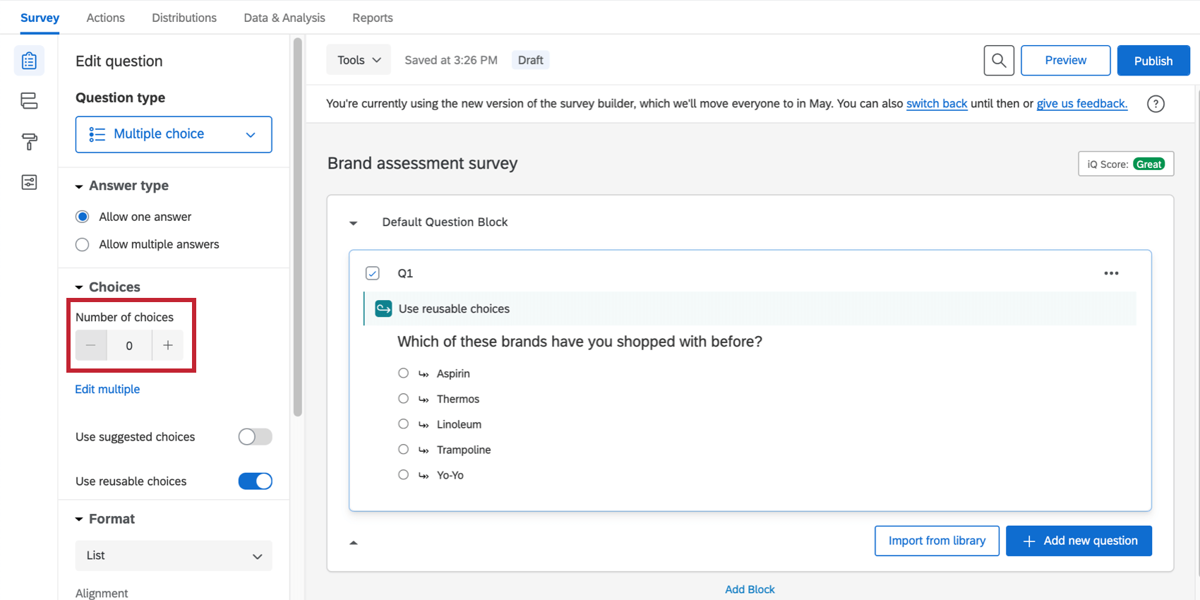 Banner „Wiederverwendbare Referenzen“ von „Teal“; im Fragenbearbeitungsbereich heißt es, dass 0 Antwortmöglichkeiten vorhanden sind