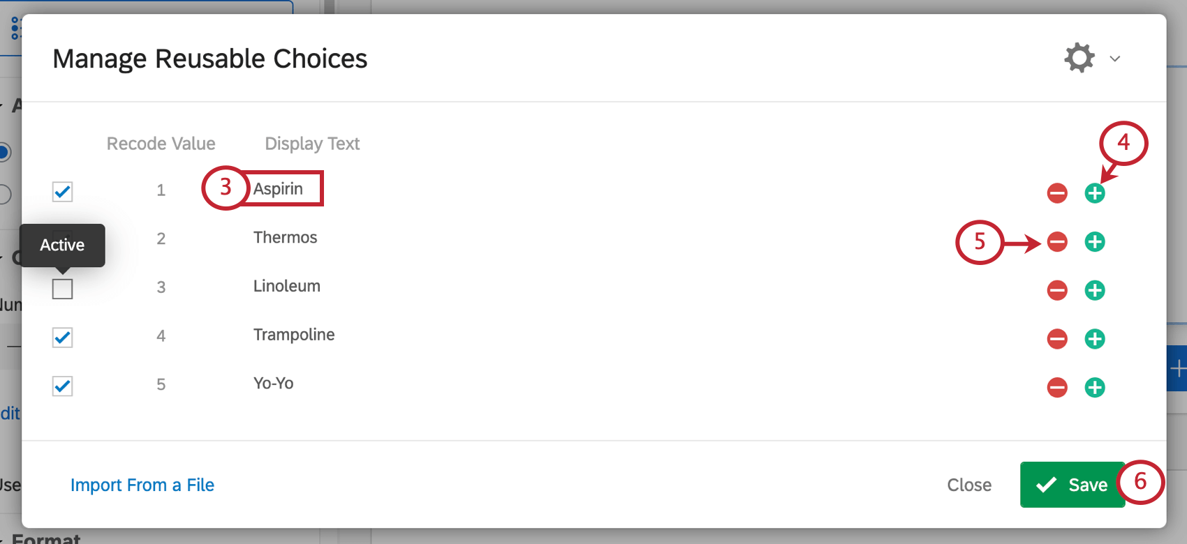 Typing choice names, adding and removing with plus and minus signs to the right