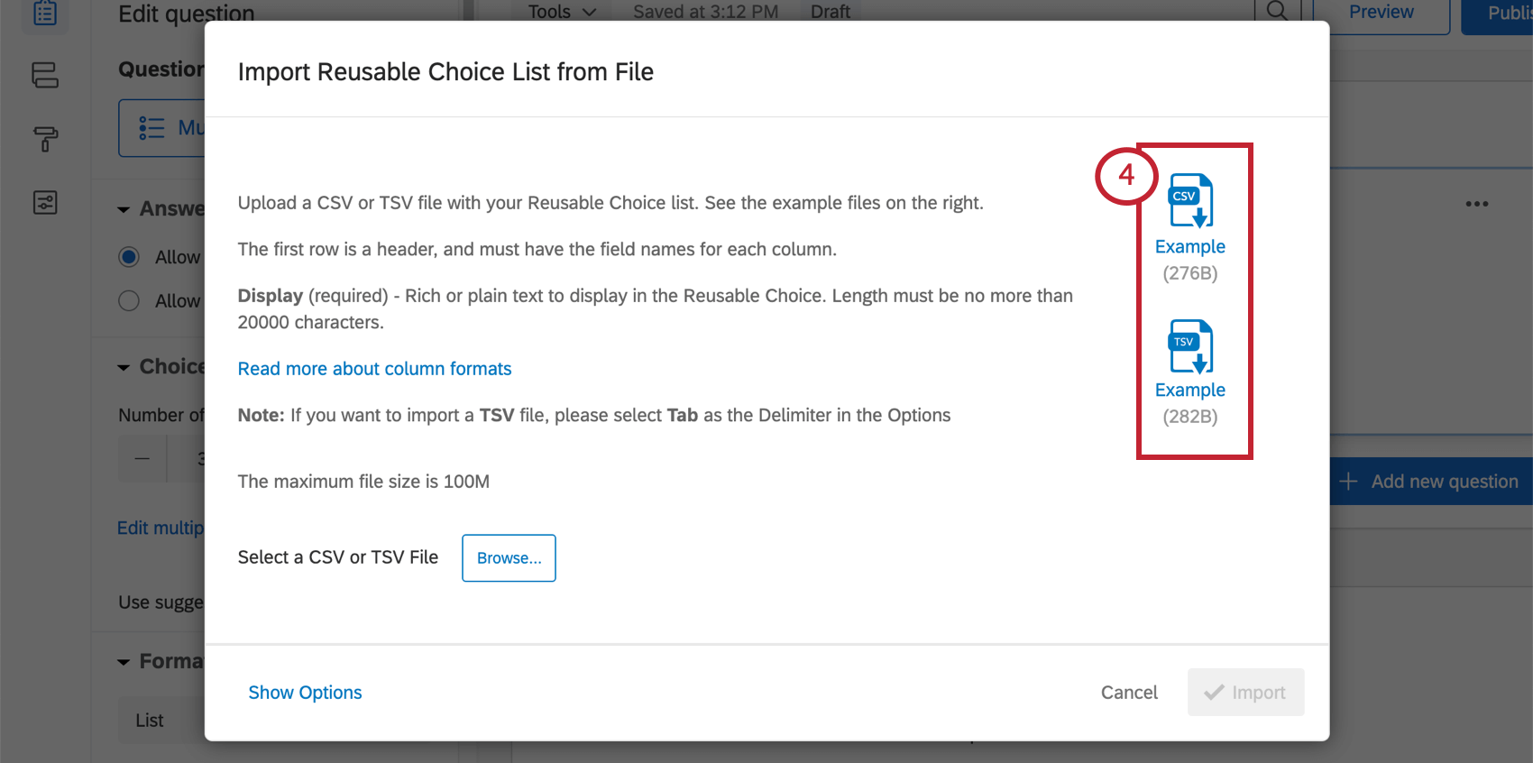 Importazione di liste di scelte riutilizzabili da file, completa di file di esempio