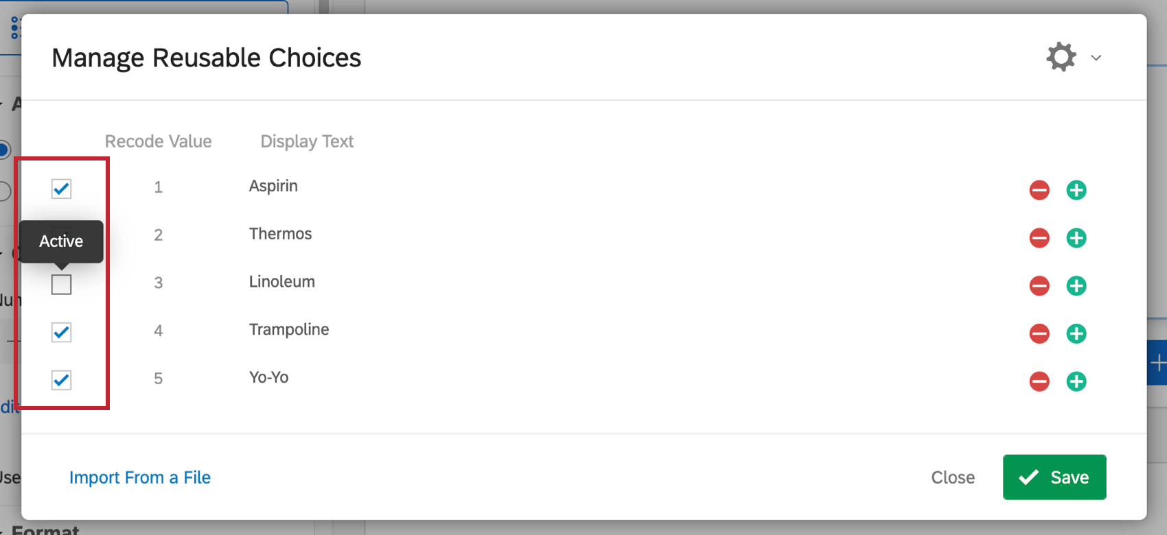 Selecting choices along the left
