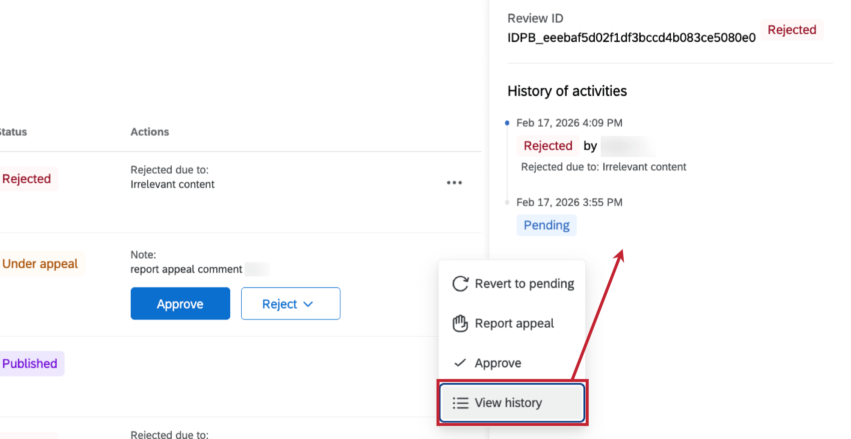 clicking "view history" to see past actions on a review