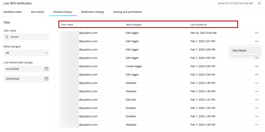 Revisionsverlauf für einen Workflow