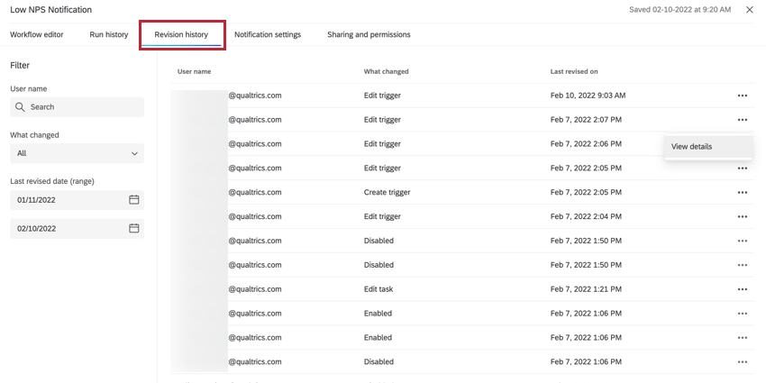 Registerkarte "Revisionshistorie"