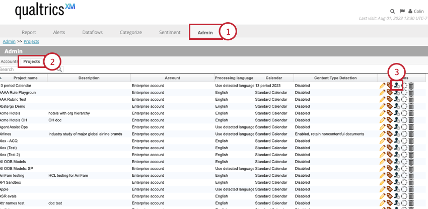 Sélection des permissions des utilisateurs sur la page des projets dans ladministration