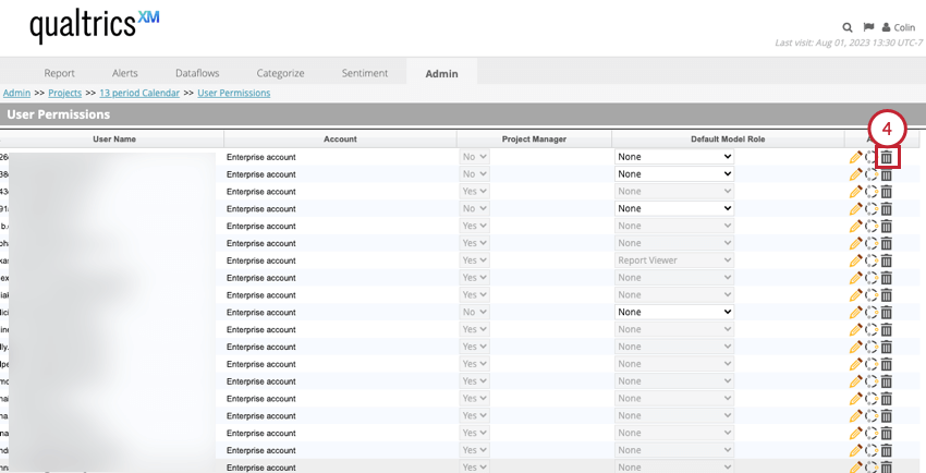 haciendo clic en el icono de la papelera siguiente a un usuario