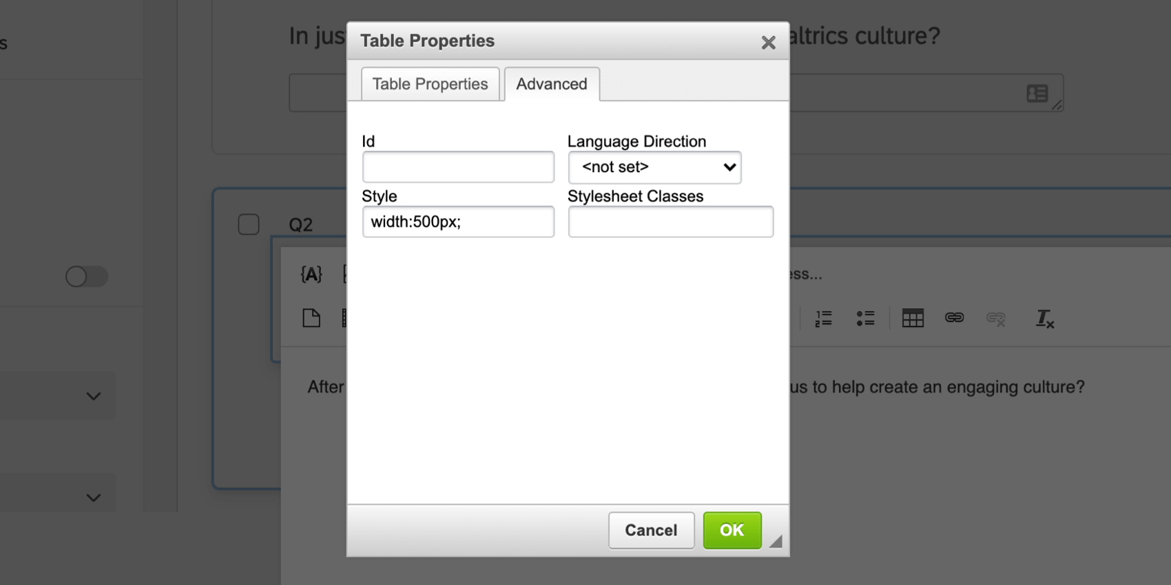 Opciones avanzadas en el editor de tablas
