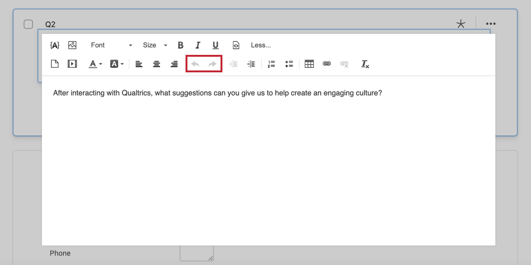 Undo and redo options in the rich content editor