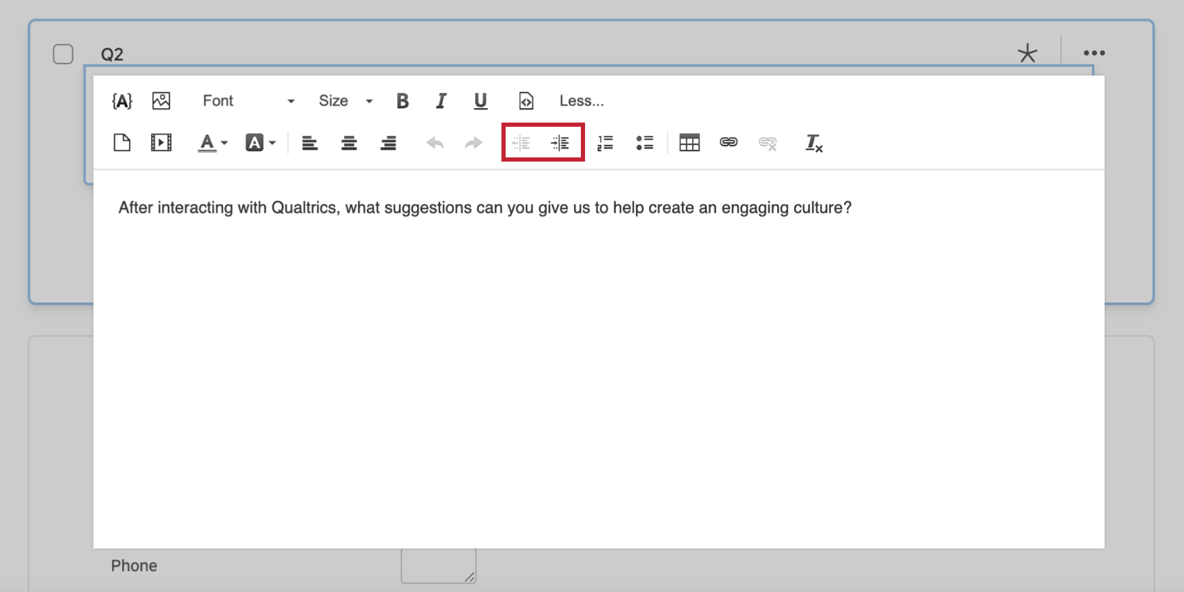 Opciones de sangría en el editor de contenido enriquecido