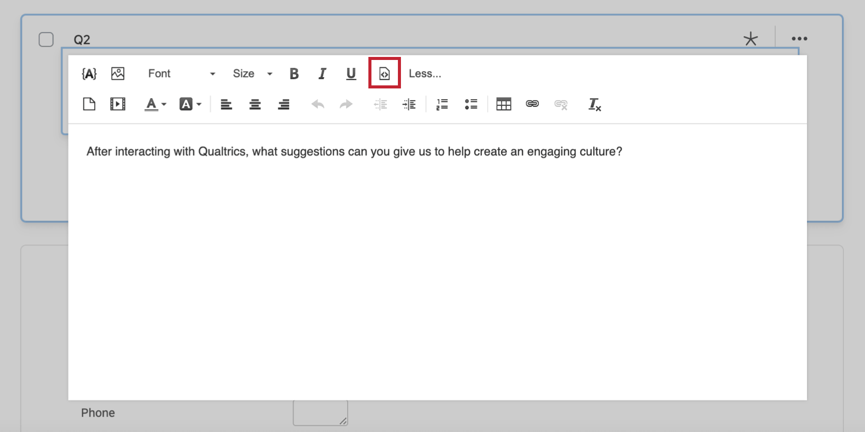 Botão de fonte HTML no editor de conteúdo