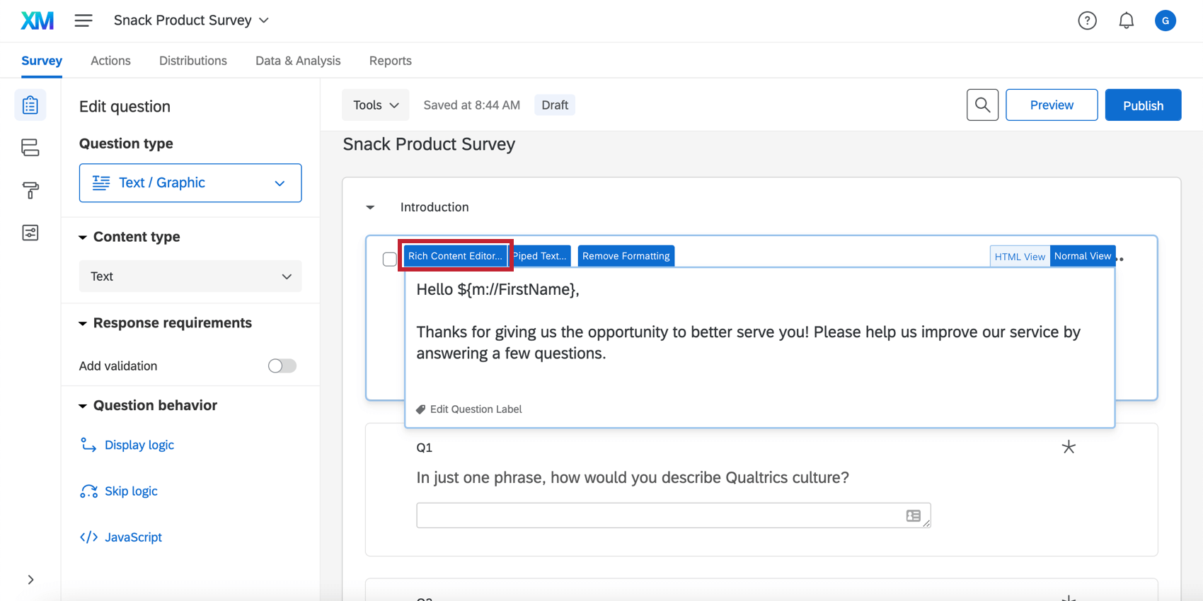 Rich Content Editor button at the top left of the question editor