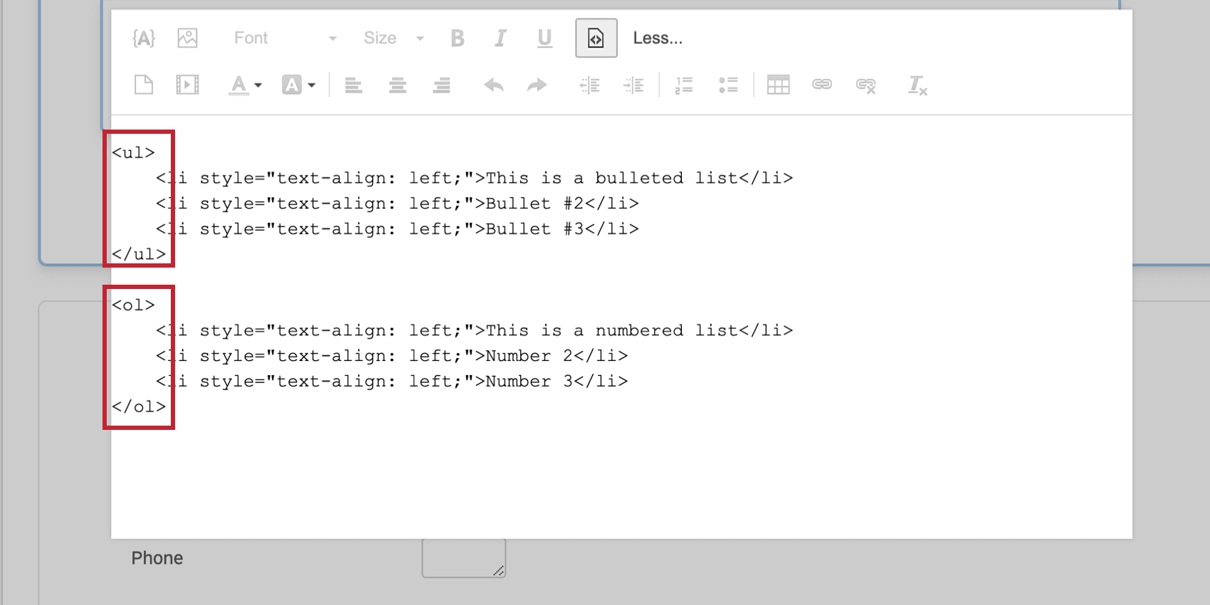 Listas numeradas y con viñetas en la vista de código fuente HTML