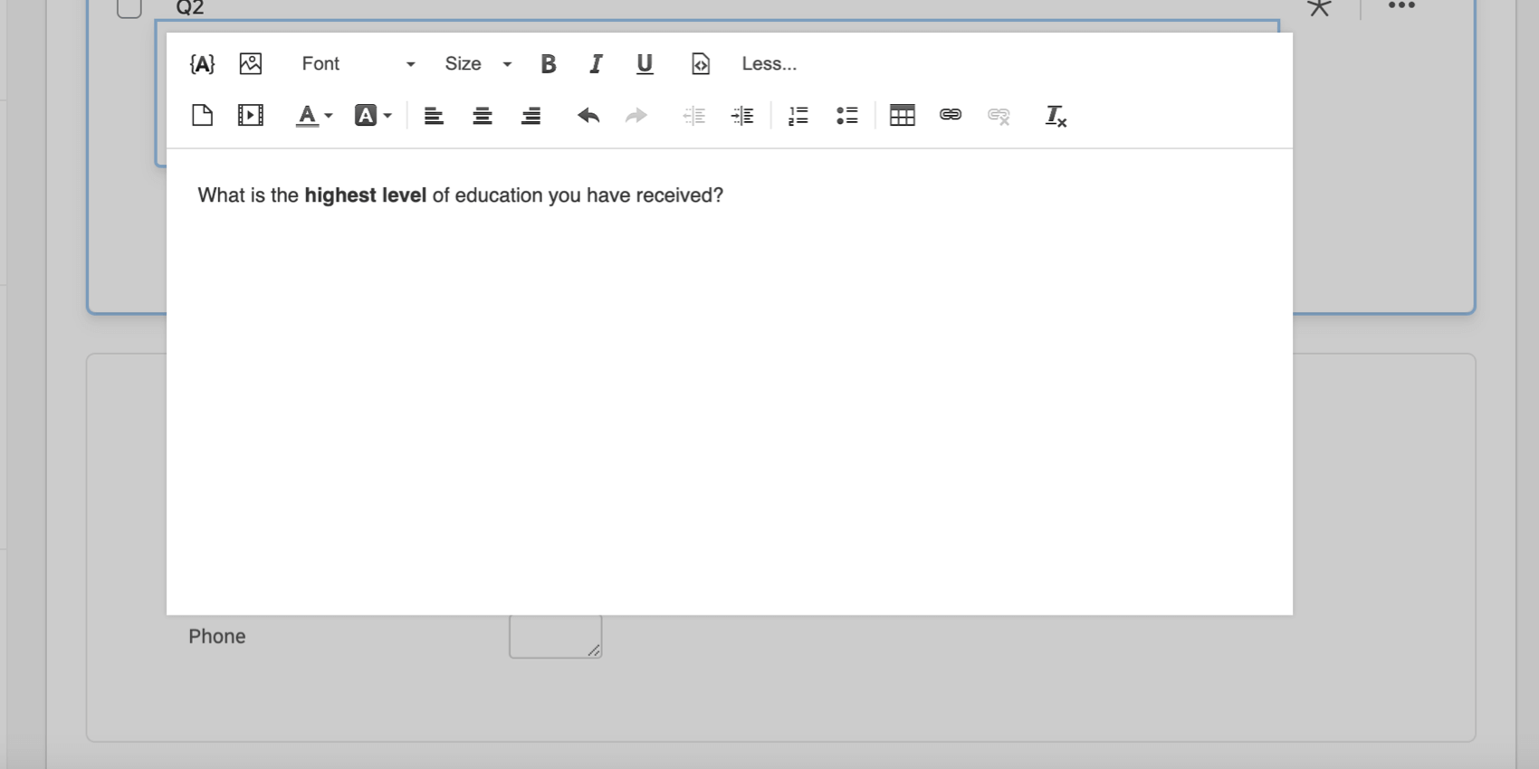 Editor per contenuti avanzati con il massimo livello di istruzione indicato in grassetto