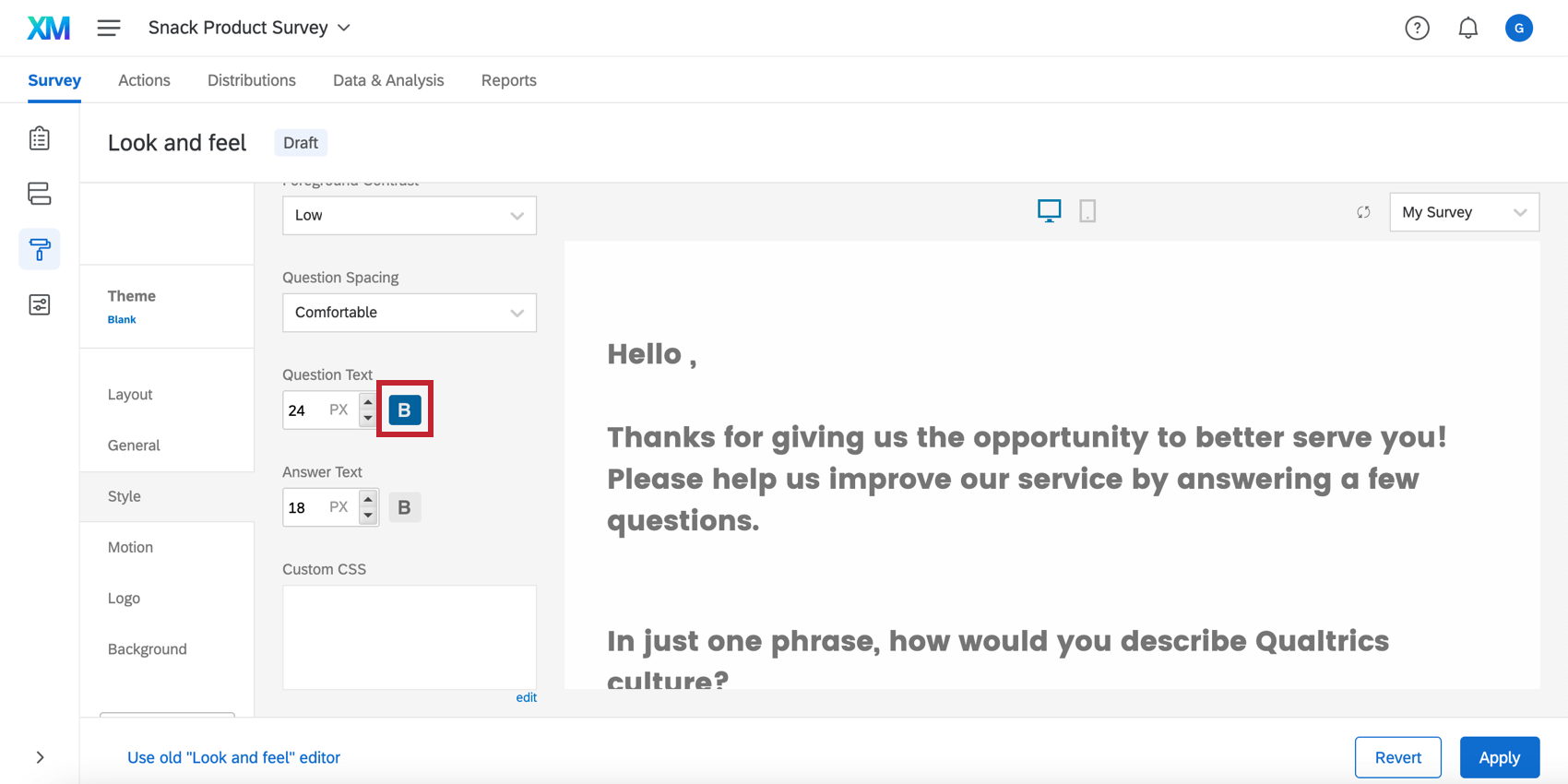 Nel menu Aspetto e tema tutto è in grassetto; la B è evidenziata