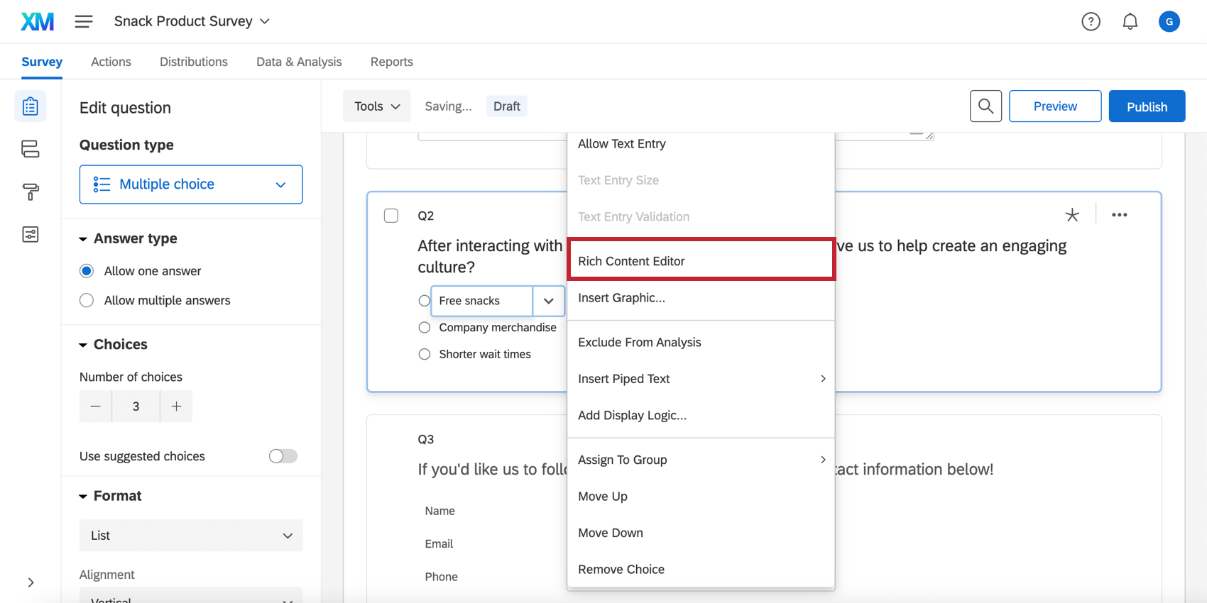 Editor per contenuti avanzati sul testo di scelta/risposta di una domanda