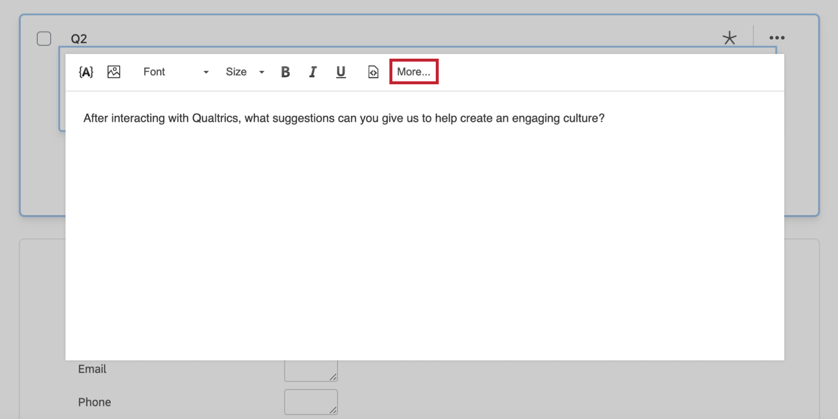 La opción Más en el editor de contenido enriquecido