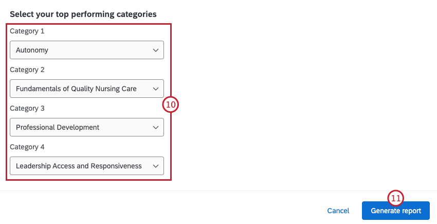 menus suspensos para selecionar as categorias de melhor desempenho para a pesquisa