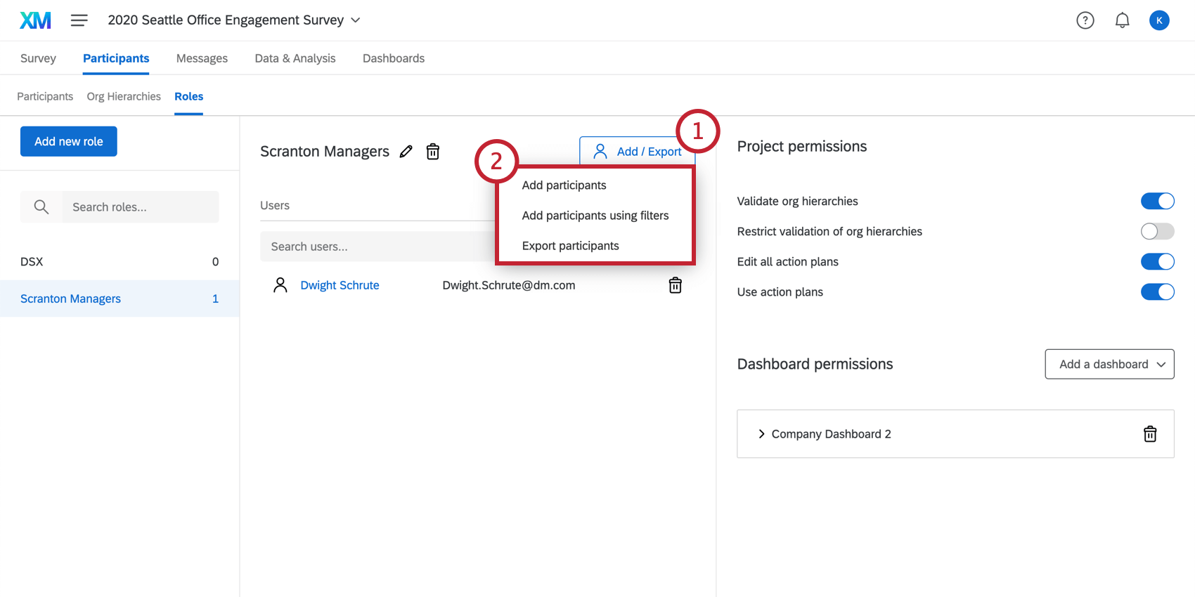 Botão Adicionar/Exportar à extrema direita do nome da função com o menu suspenso mostrado