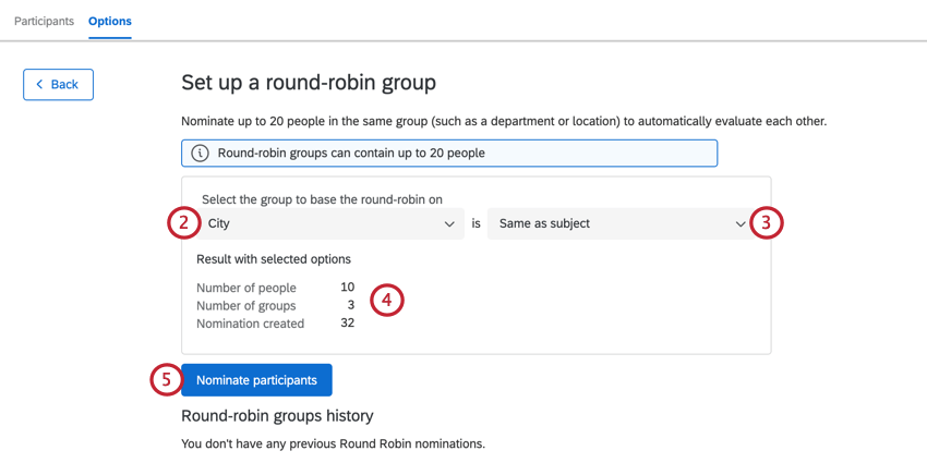 creating the criteria for the round robin before clicking nominate participants