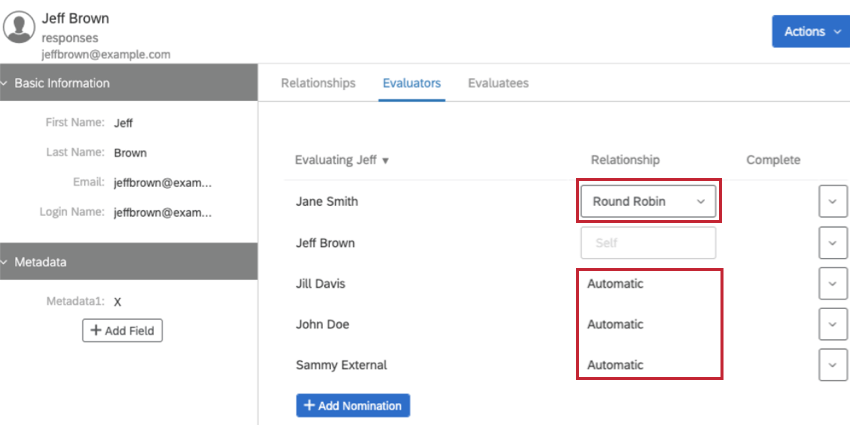 Al visualizar la información de un participante, ver una relación indicada como Round Robin o Automática