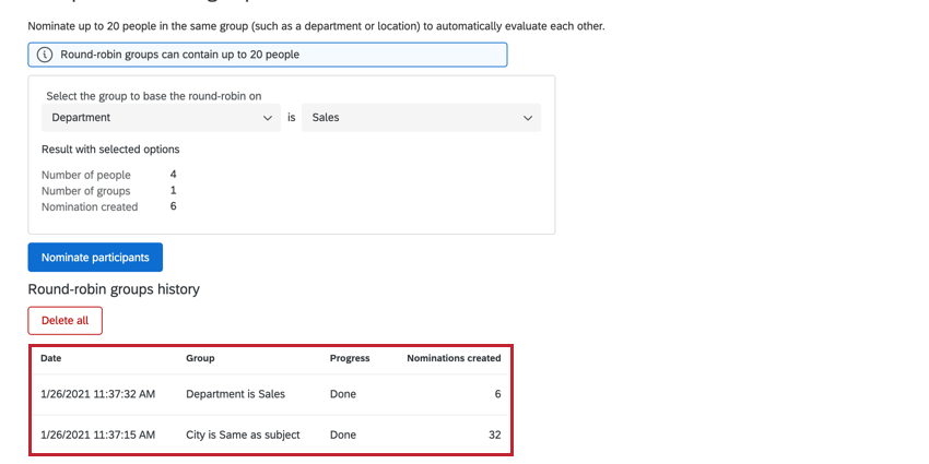 all of the created round-robin evaluations will be listed at the bottom of the round-robin window