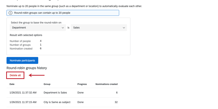 il pulsante Elimina tutto in fondo alla finestra round robin