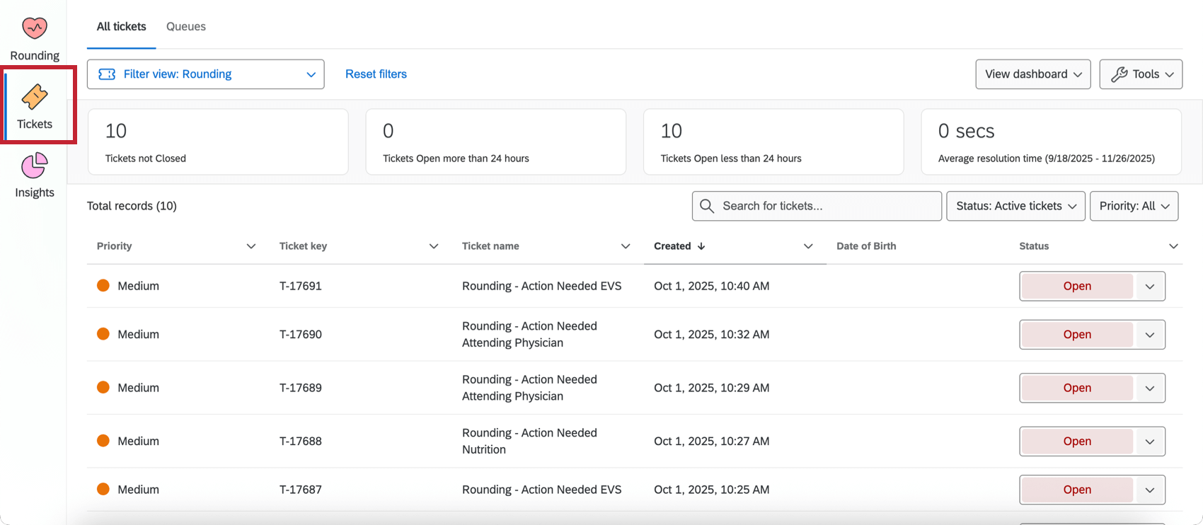 the tickets tab in the patient experience hub