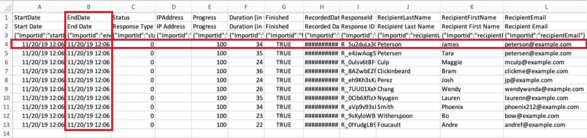Immagine evidenziata per mostrare una riga di risposte e una colonna di dati Data di fine