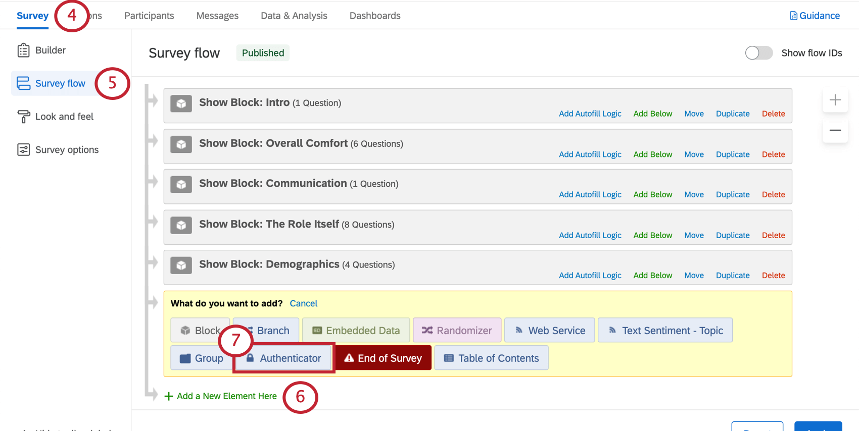 Survey flow button in toolbar along left of survey builder. Yellow area in survey flow where you can choose from colorful elements - authenticator in blue