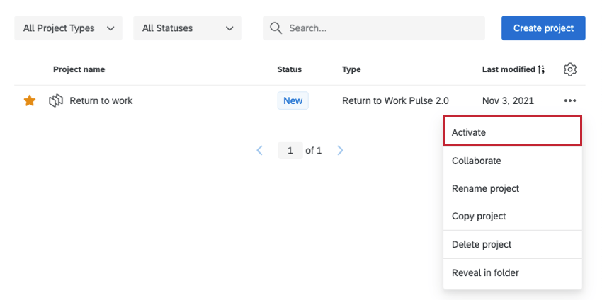 Projekte. Dropdown weiter Projekt, Aktivierungsoption ist zuerst